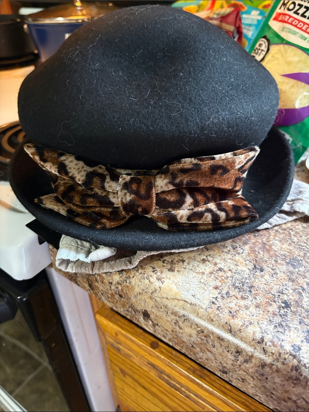 Black Bowler Hat with Leopard-Print Bow